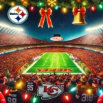 A vibrant and festive image of an NFL football game at Arrowhead Stadium with holiday decorations, fans in Steelers and Chiefs gear, and Christmas lig