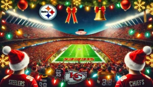 A vibrant and festive image of an NFL football game at Arrowhead Stadium with holiday decorations, fans in Steelers and Chiefs gear, and Christmas lig