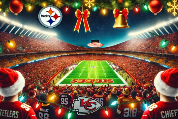 A vibrant and festive image of an NFL football game at Arrowhead Stadium with holiday decorations, fans in Steelers and Chiefs gear, and Christmas lig