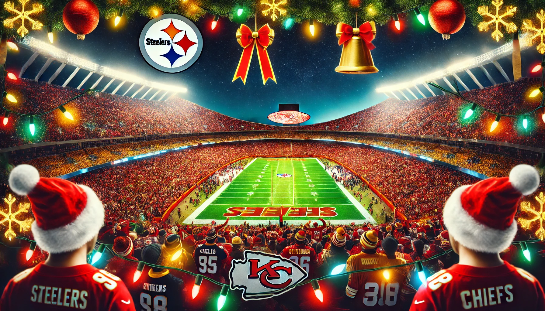 A vibrant and festive image of an NFL football game at Arrowhead Stadium with holiday decorations, fans in Steelers and Chiefs gear, and Christmas lig