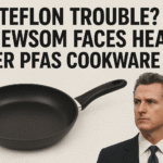 Governor Gavin Newsom faces pressure over California PFAS cookware ban with Teflon frying pan in focus.