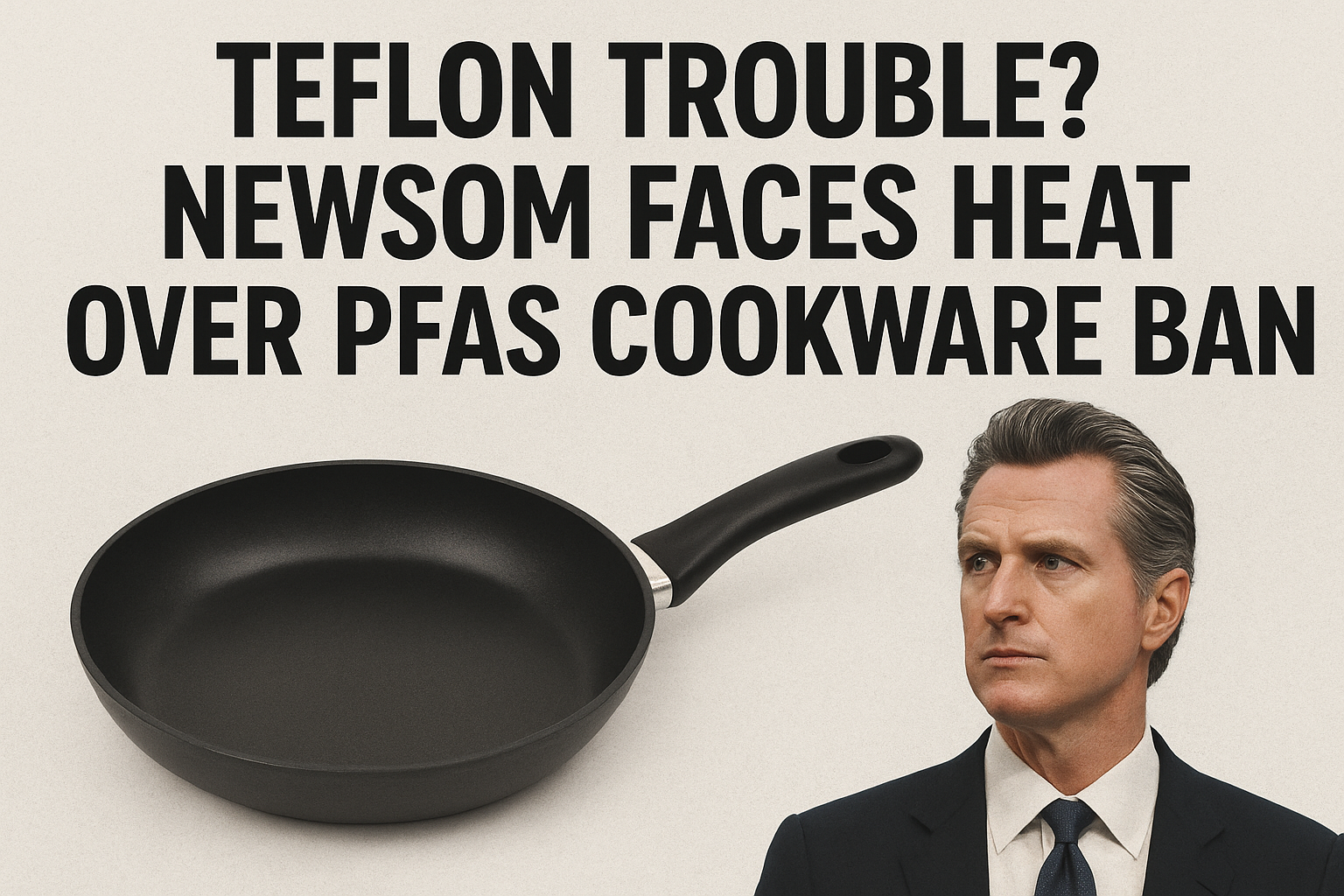 Governor Gavin Newsom faces pressure over California PFAS cookware ban with Teflon frying pan in focus.